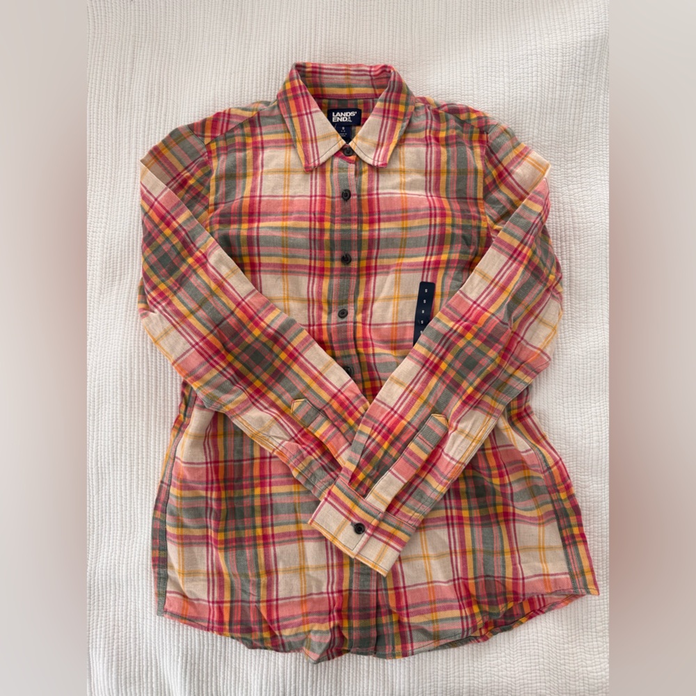 Lands' End Plaid Button-Down Shirt in Pink, Yellow & Green